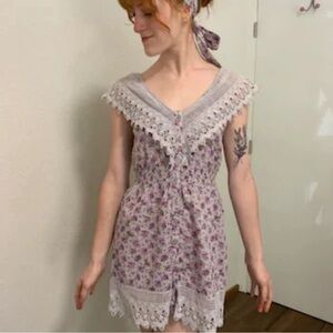Crochet collar boho mini dress floral gray purple small belt vintage prairie